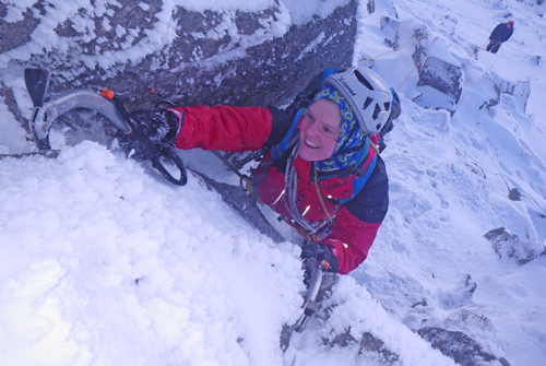 Leading her first winter climb Leading her first winter climb